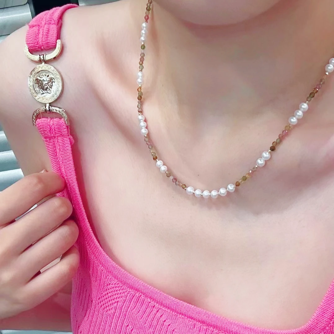 极光淡水小米珠ak珍珠糖果项链搭配淡水4-4.5mm近圆强光18k金扣