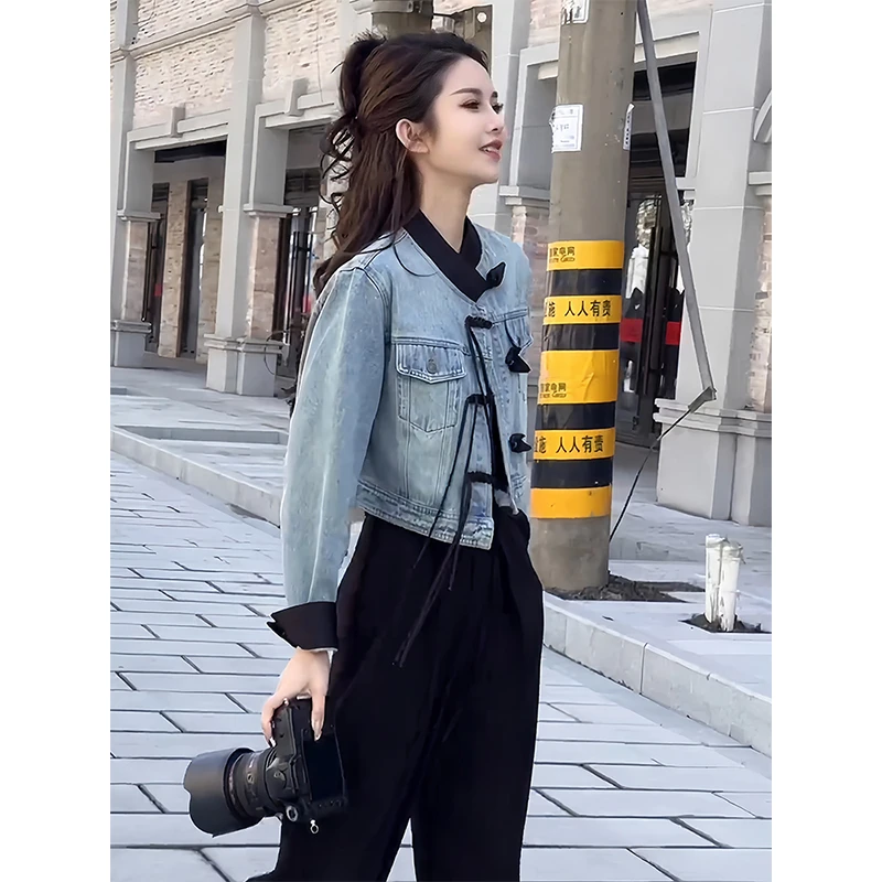 2024春季韩版高级感新中式拼接牛仔外套女显瘦设计感盘扣短款上衣