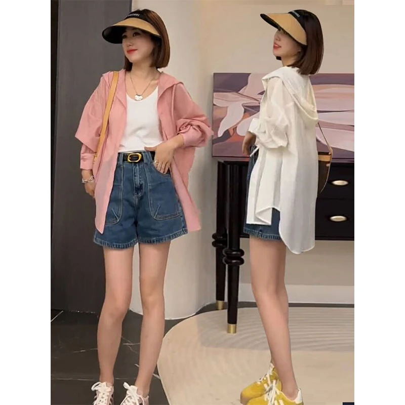 薄款连帽长袖衬衫女2024年夏季新款小个子显瘦显高休闲百搭防晒衣