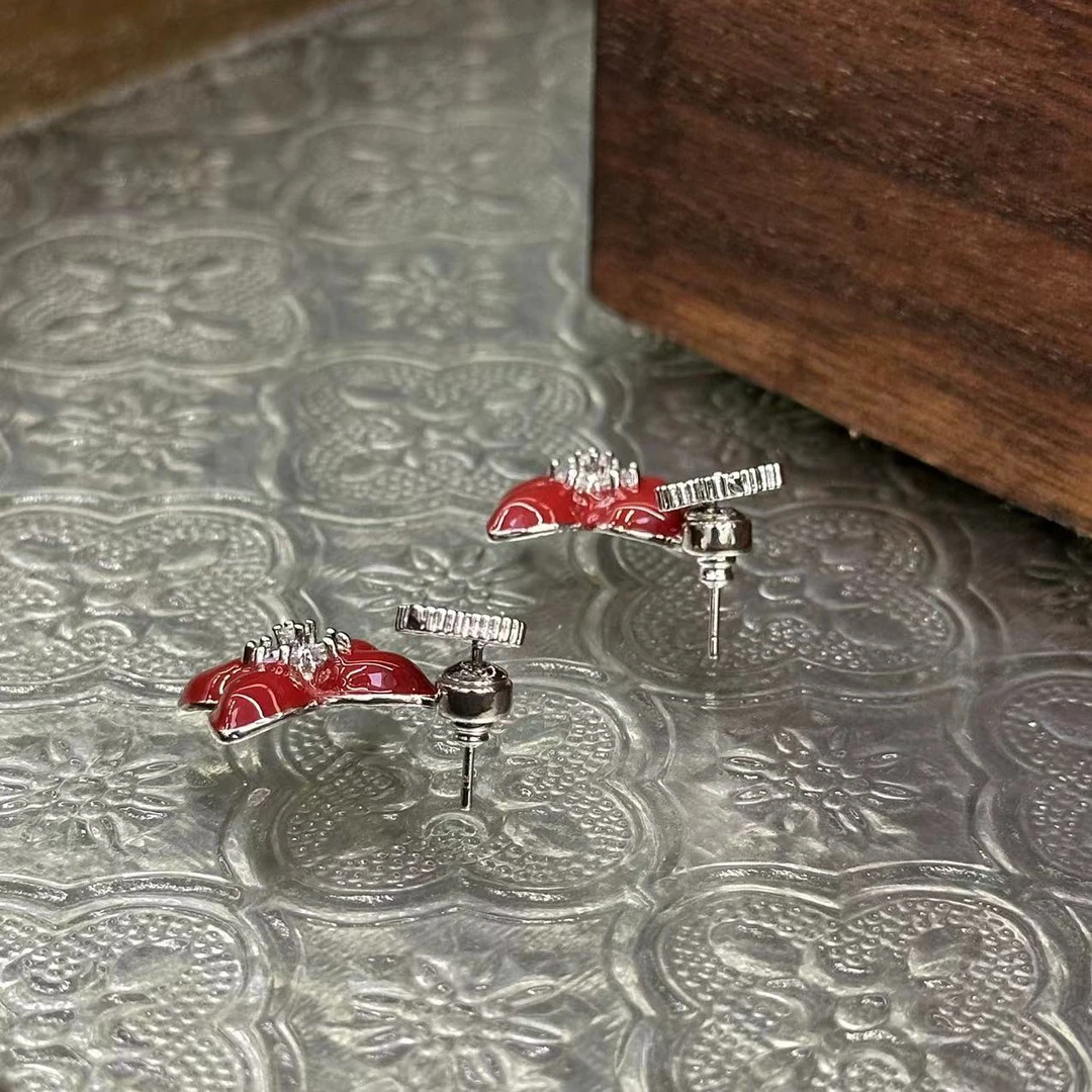 铜合金耳饰 红色四叶花前后戴耳饰-3349