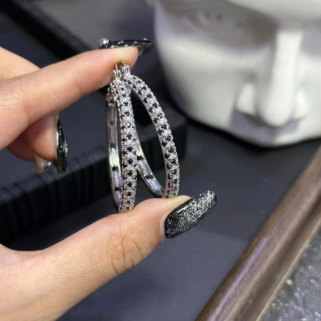 铜合金耳饰 黑白点钻时尚耳圈-3582