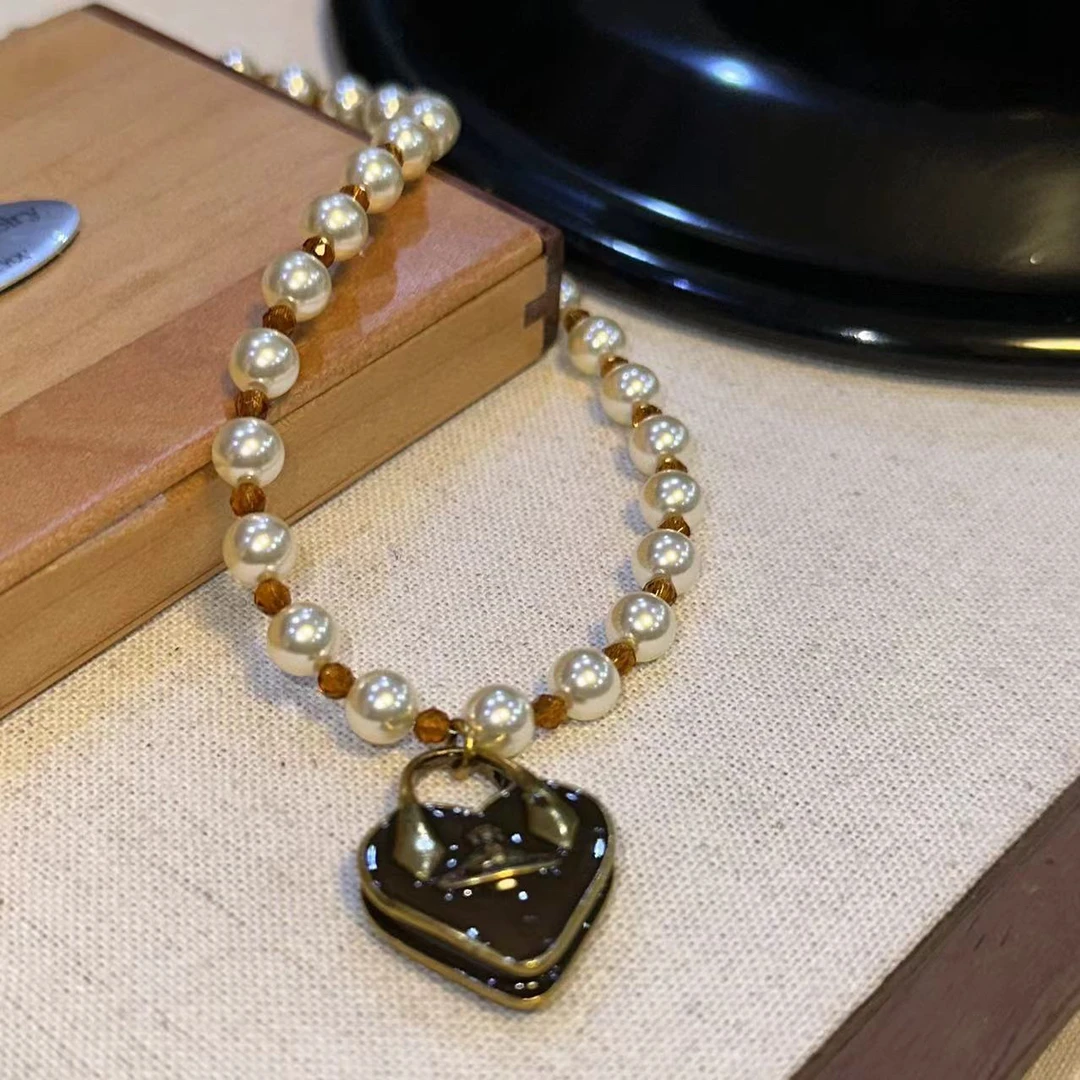 铜合金项链 酒红色爱心土星项链-66967