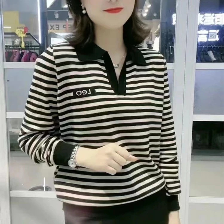长袖polo衫t恤女春秋时尚气质条纹妈妈宽松百搭遮肚打底休闲上衣