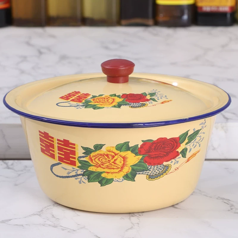 网红草莓蛋糕搪瓷盆老式怀旧盖盆带盖碗盆和面盆带盖熬药盆猪油盆