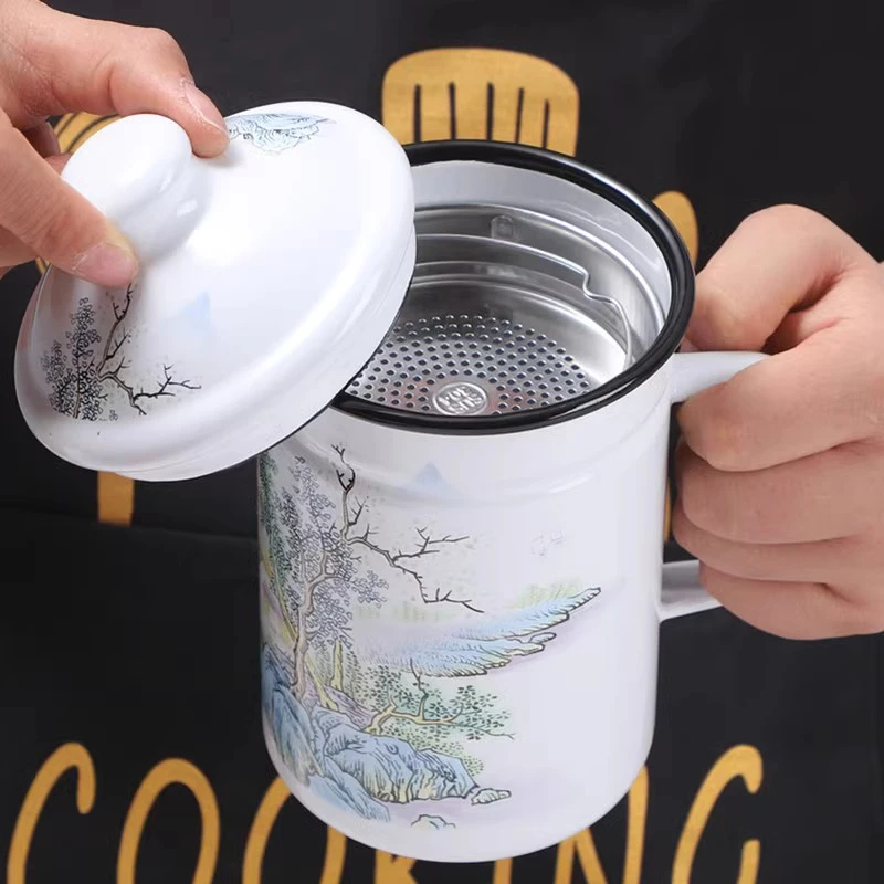 OULJ珐琅搪瓷带304茶漏搪瓷杯子加高带盖铁瓷缸子老式搪瓷杯茶杯