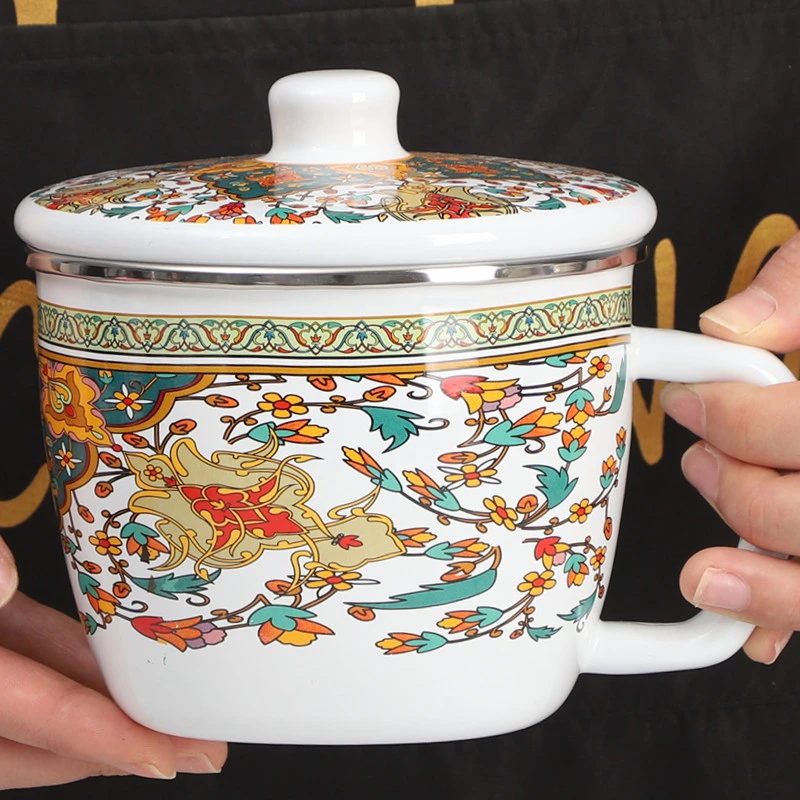 欧丽家搪瓷豆浆杯泡面杯带盖大容量凉水杯带把快餐杯老式铁瓷茶缸