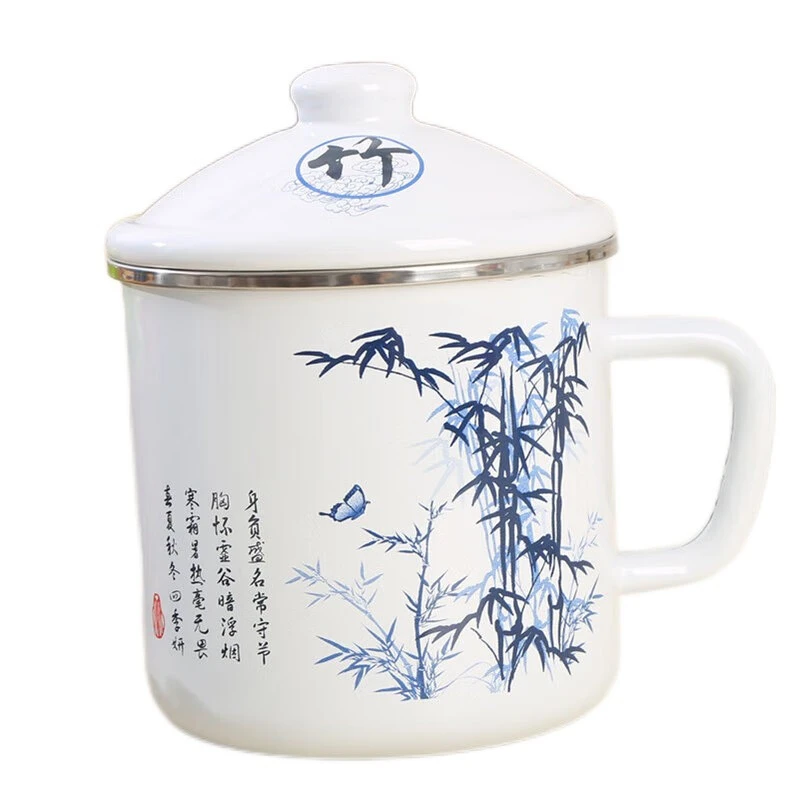 欧丽家珐琅带盖搪瓷杯水杯茶杯大号马克杯中国风手绘水墨古典古风