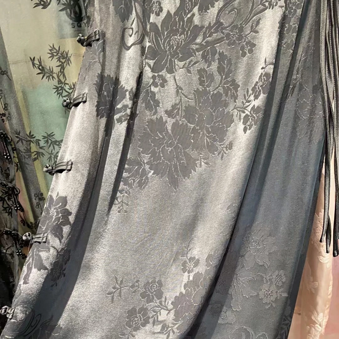 新中式流苏高级人丝时尚半裙夏季长款侧开叉印花黑色直筒裙半裙