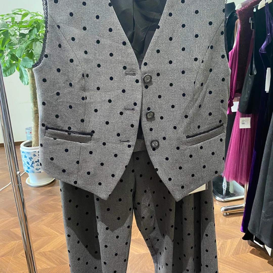 波点灰色气质无袖马夹裤子套装