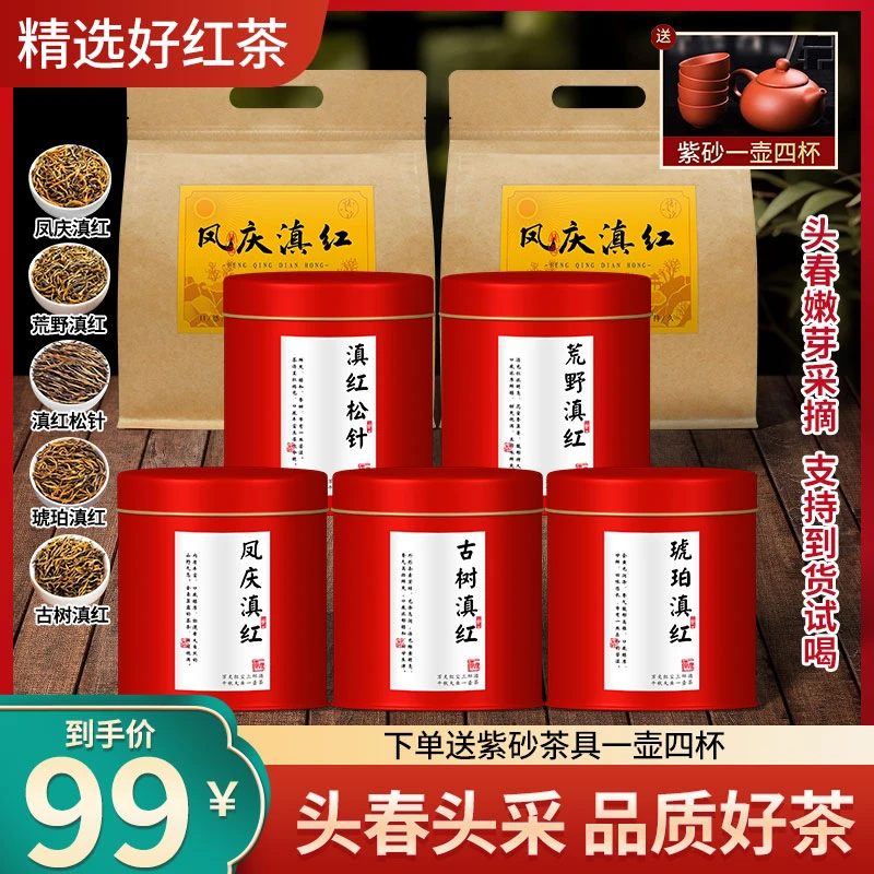 23年头春头采手工制作采摘五大滇红茶组合送精美茶具一套拍一发八