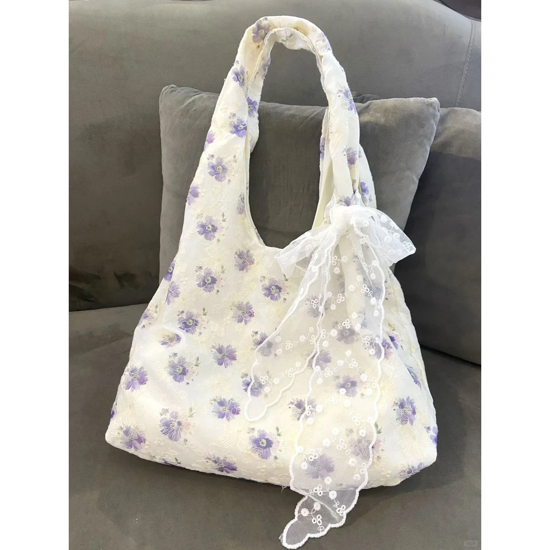 韩系绣花单肩包包女2024新款花朵帆布背心托特包大容量上课手提包