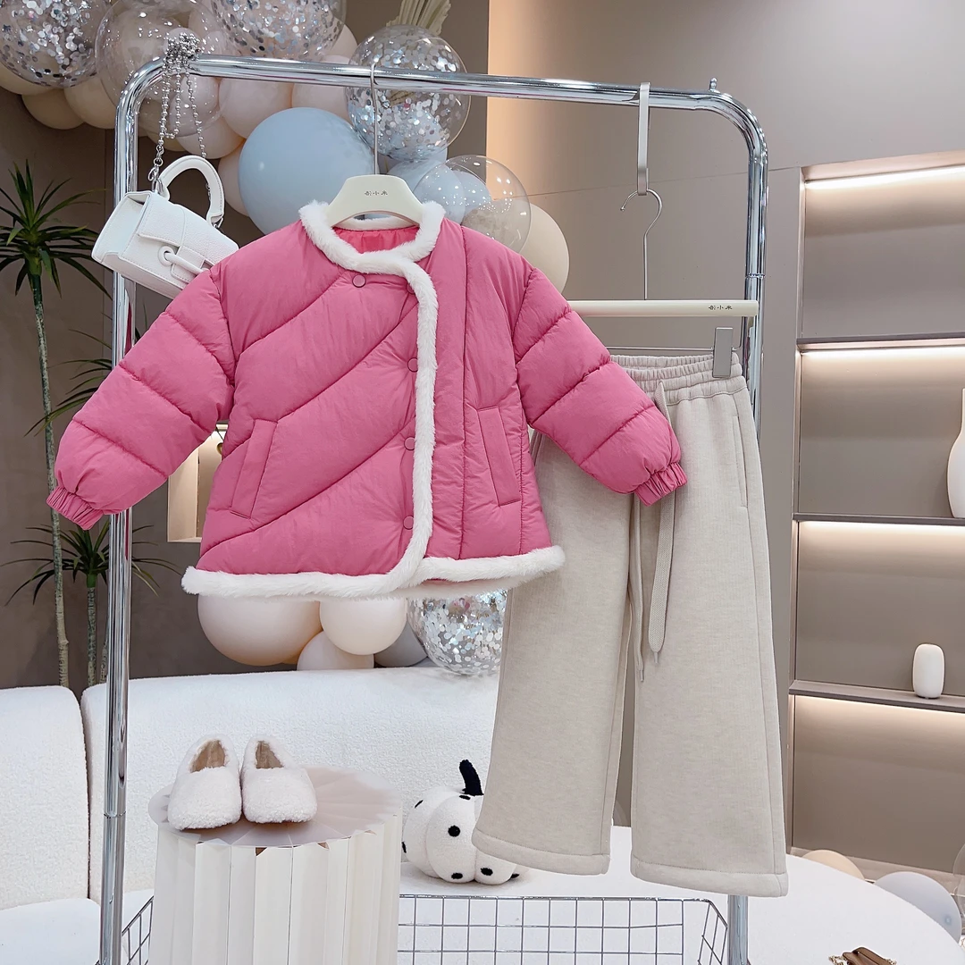 2023冬季女童上新加厚加绒韩版洋气毛边纯色棉服时尚
