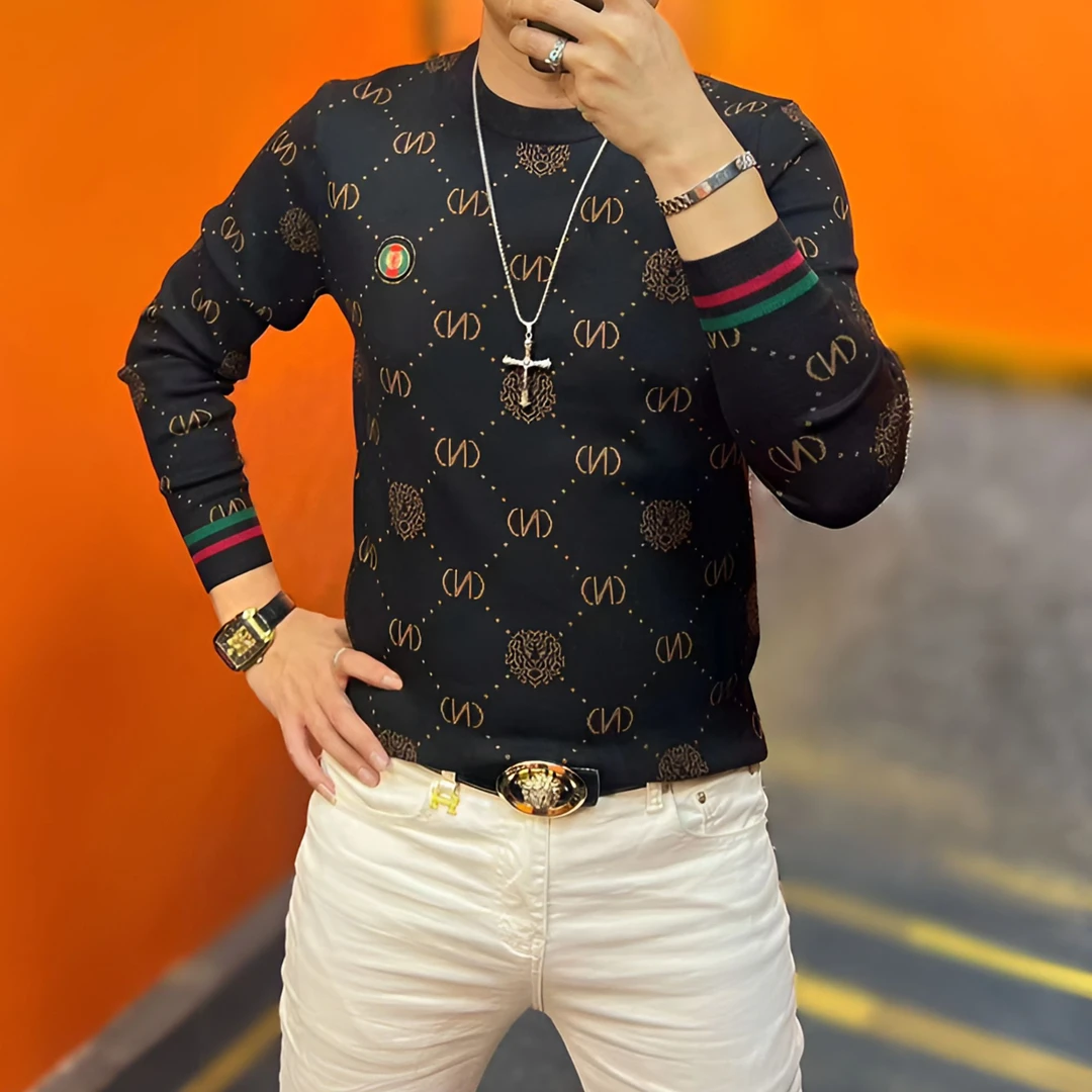 秋冬新款男士休闲毛衣时尚修身百搭个性提花高品质潮流针织长袖