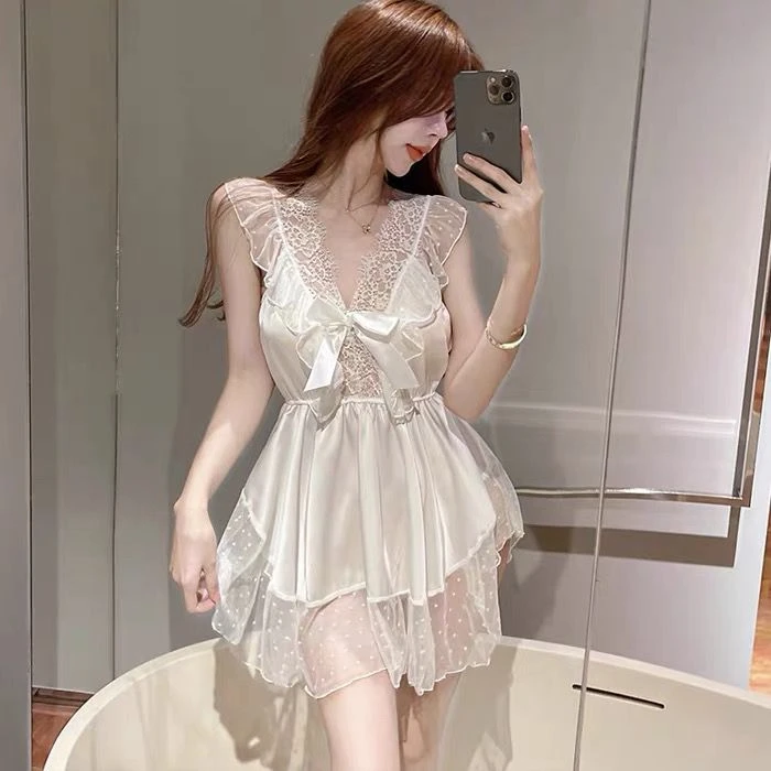 甜美连衣裙少女新款性感深V蕾丝薄款镂空睡裙纯欲露背家居服外穿