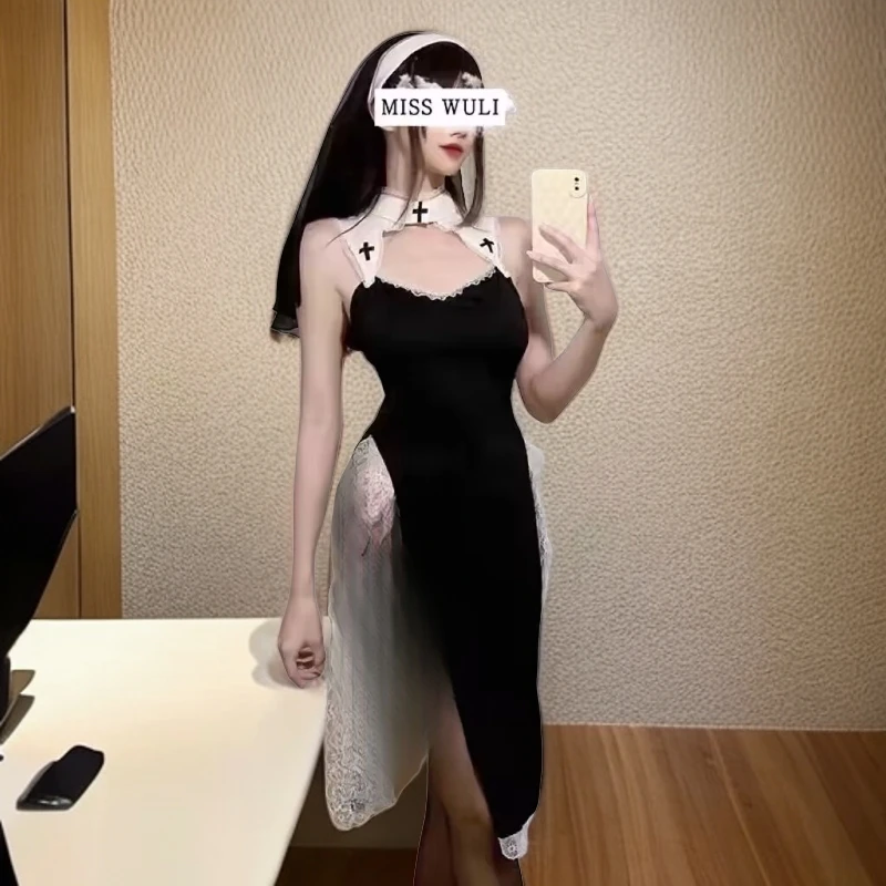 性感复古高开叉女纯欲睡裙修女套装显瘦蕾丝黑色露背夏季镂空睡衣