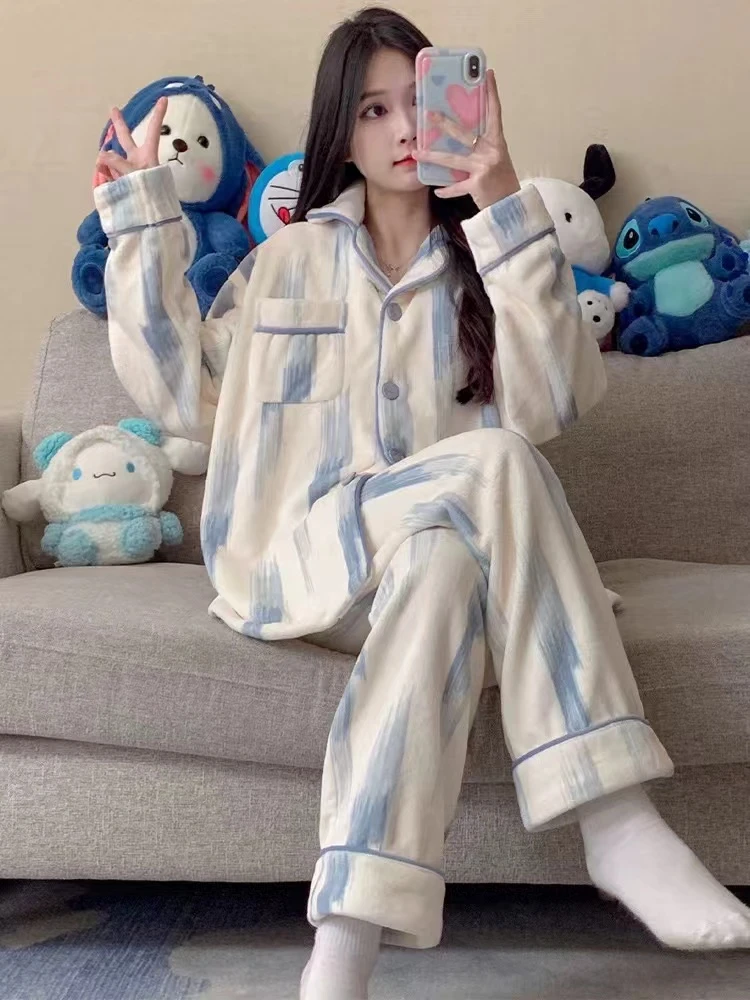 睡衣女款秋冬季珊瑚绒长袖开衫套装冬天女士加绒加厚法兰绒家居服