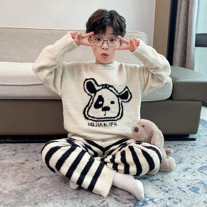 半边绒男童秋冬款加厚家居服套装儿童薄绒可外穿空调服睡衣宽松潮