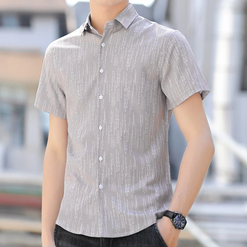 男士夏季冰丝弹力数码印花短袖衬衫