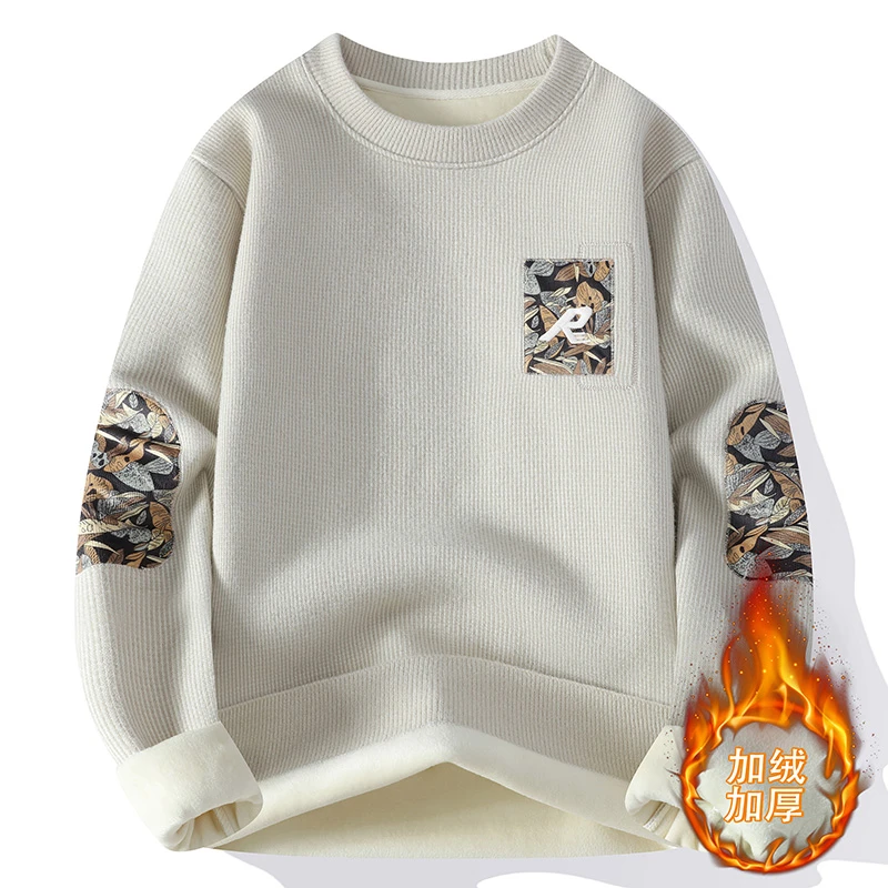 男士秋冬季加绒加厚卫衣保暖上衣男T恤圆领卫衣