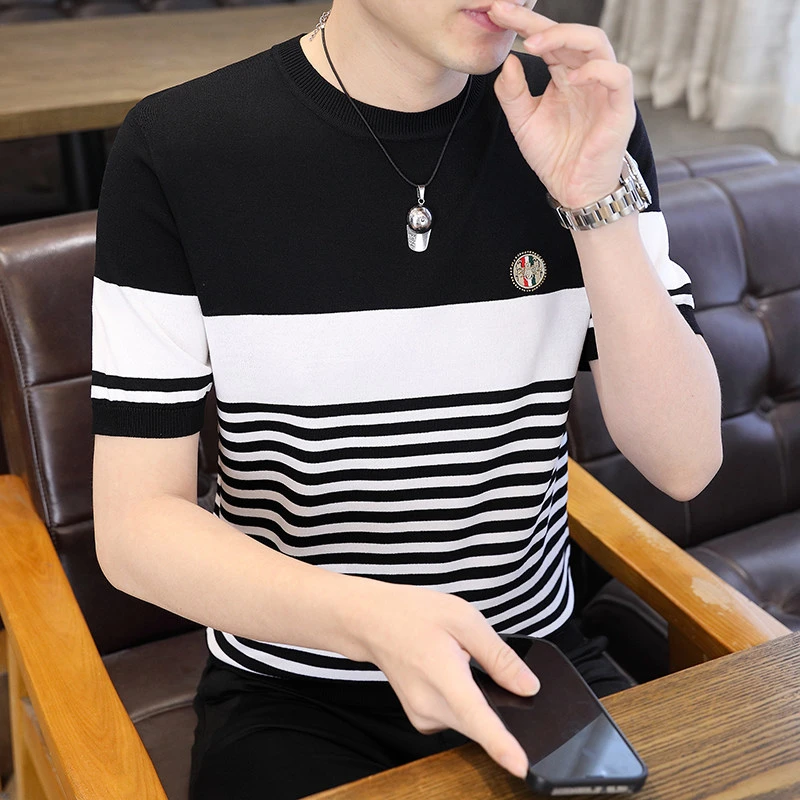 2024夏季伊力特男士短袖T恤冰麻冰丝针织圆领半袖上衣男