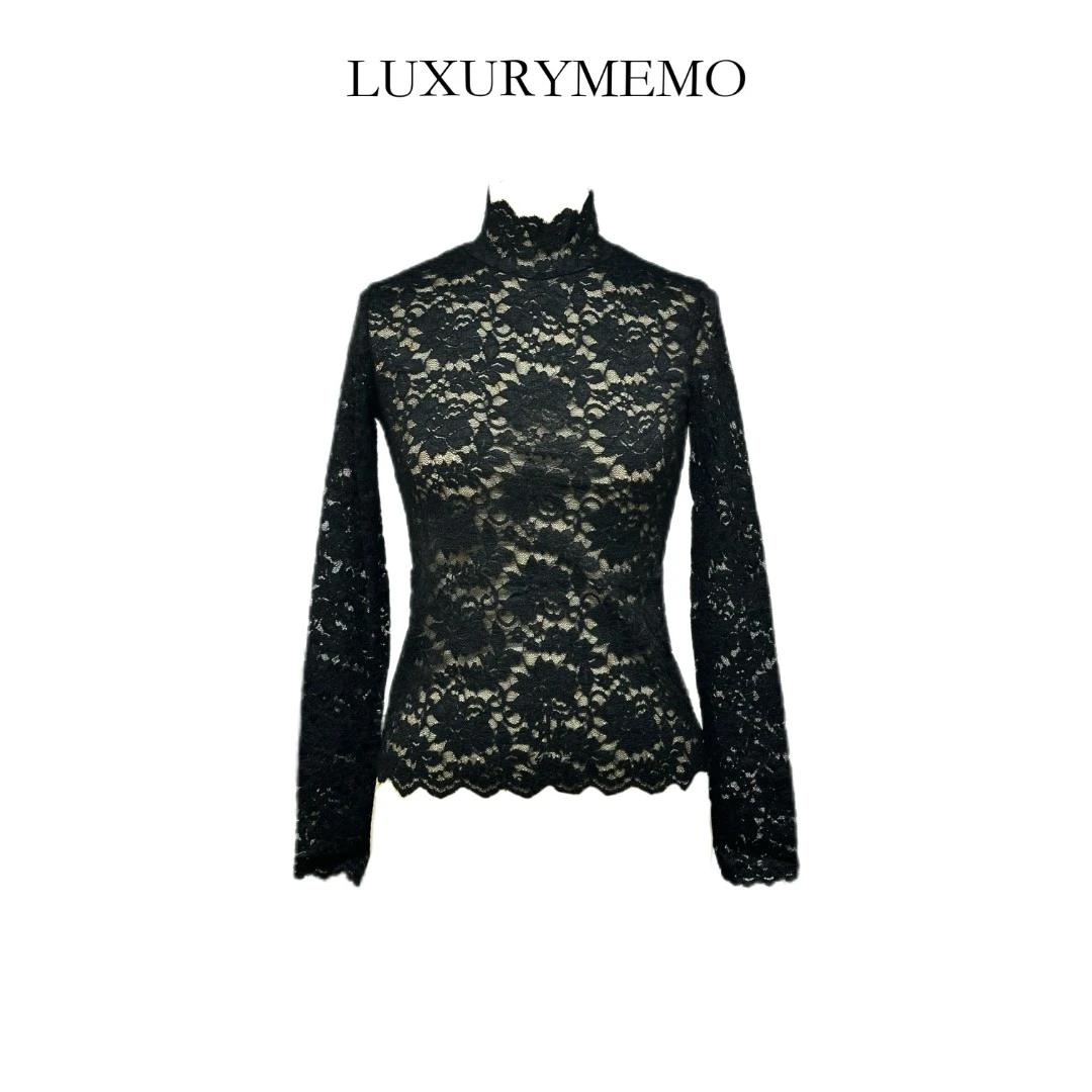 LUXURYMEMO【刘熊熊】秋季现款时尚气质车古绣花蕾丝高领上衣