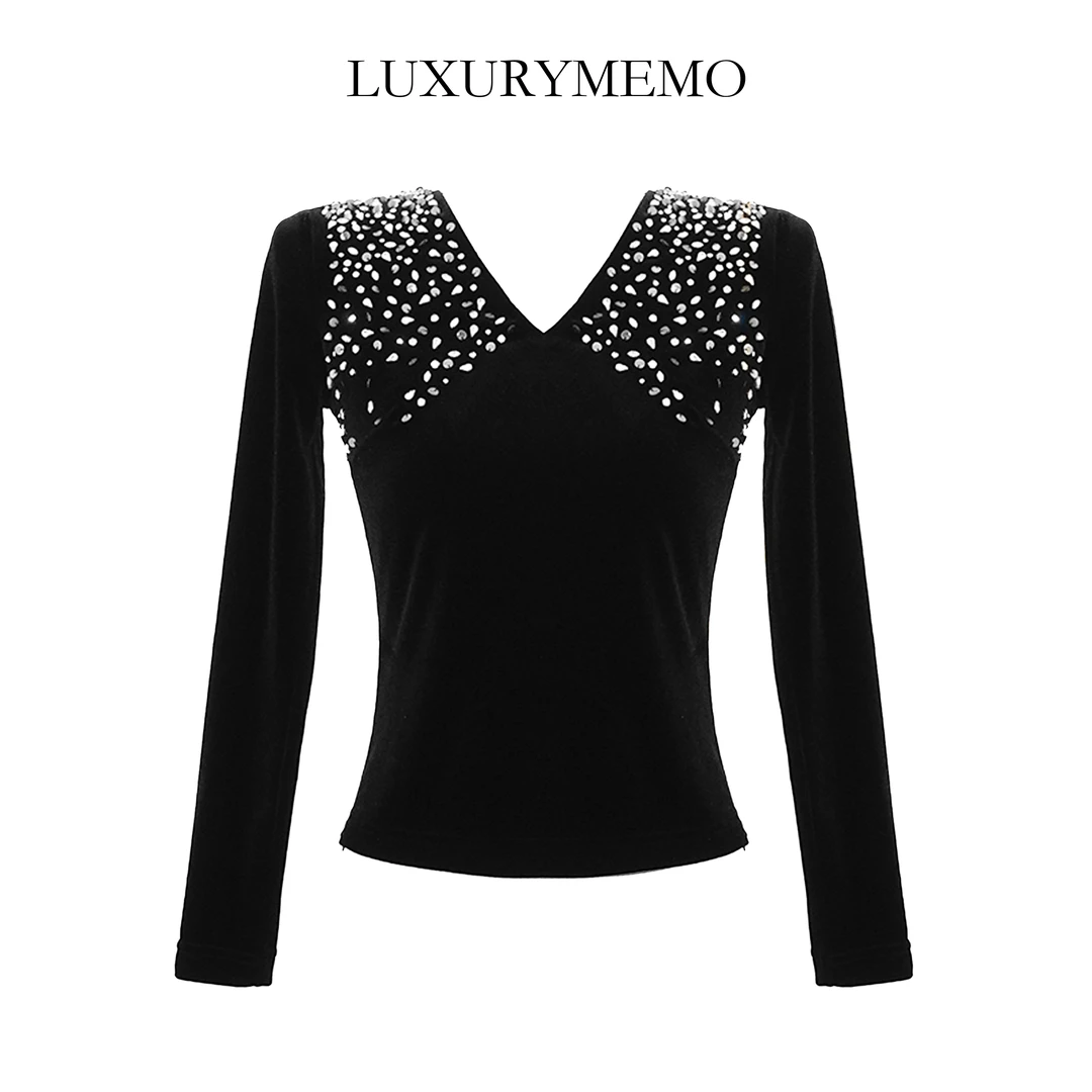 【芭蕾】气质V领时尚手工钻长袖上衣