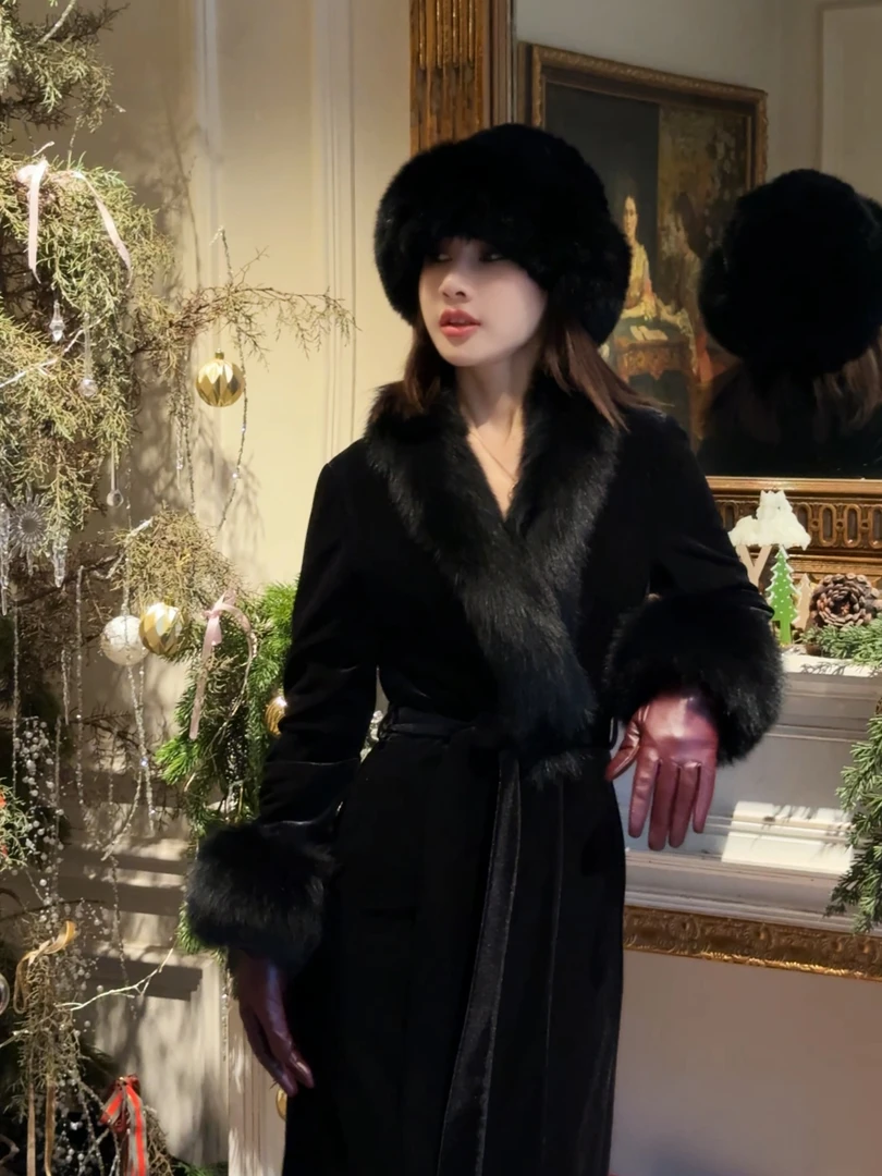 LUXURYMEMO【庄园女主人】气质显瘦时尚羽绒长袖毛领大衣