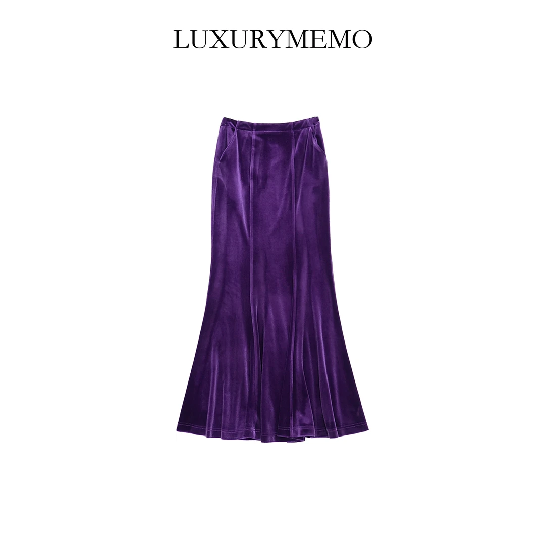LUXURYMEMO【刘熊熊】秋季新款时尚气质丝绒紫色半身鱼尾裙