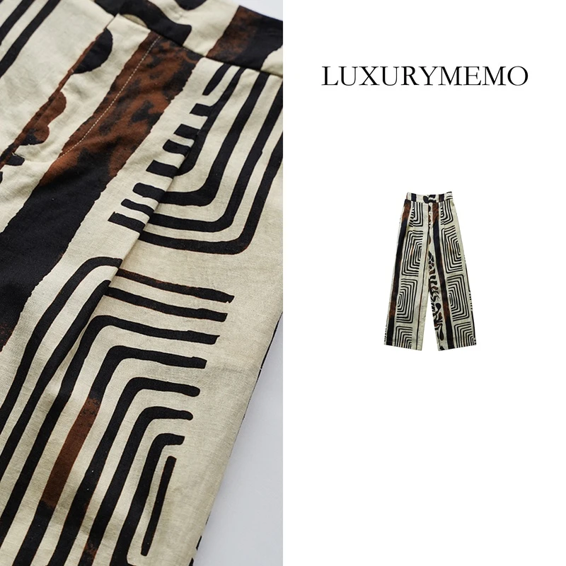 LUXURYMEMO【美洲假日】 印染百搭高腰直筒裤