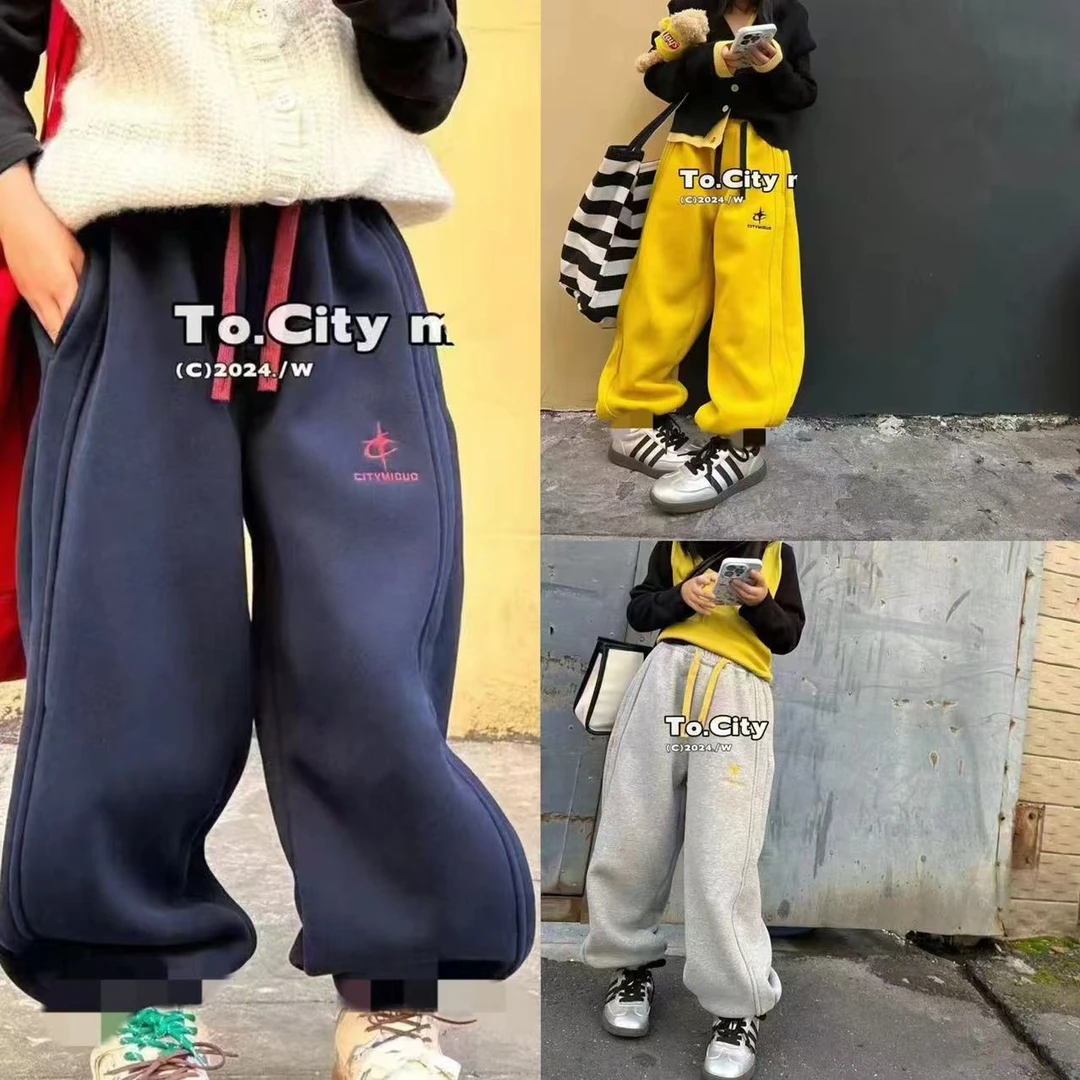 【加绒加厚】男童女童运动保暖一条过冬螺纹收口儿童加绒三色卫裤