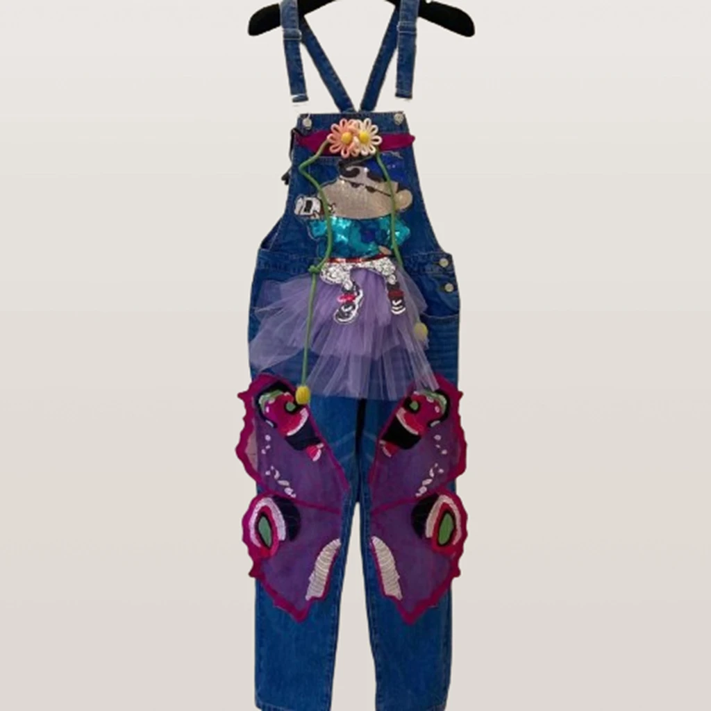 ATT潮牌女装2024春欧洲站度假风甜美刺绣花卉拼接背带裤