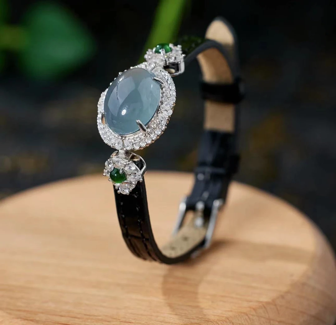 【古古珠宝】设计款鸽子蛋翡翠手表带S925银镶嵌-YX074