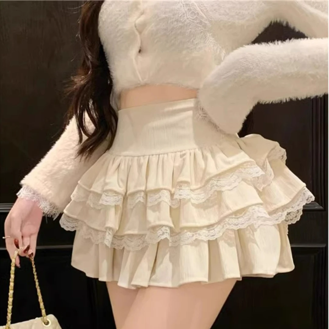 纯欲蕾丝半身裙女装春秋裙子显瘦高腰蓬蓬裙小个子A字短裙蛋糕裙