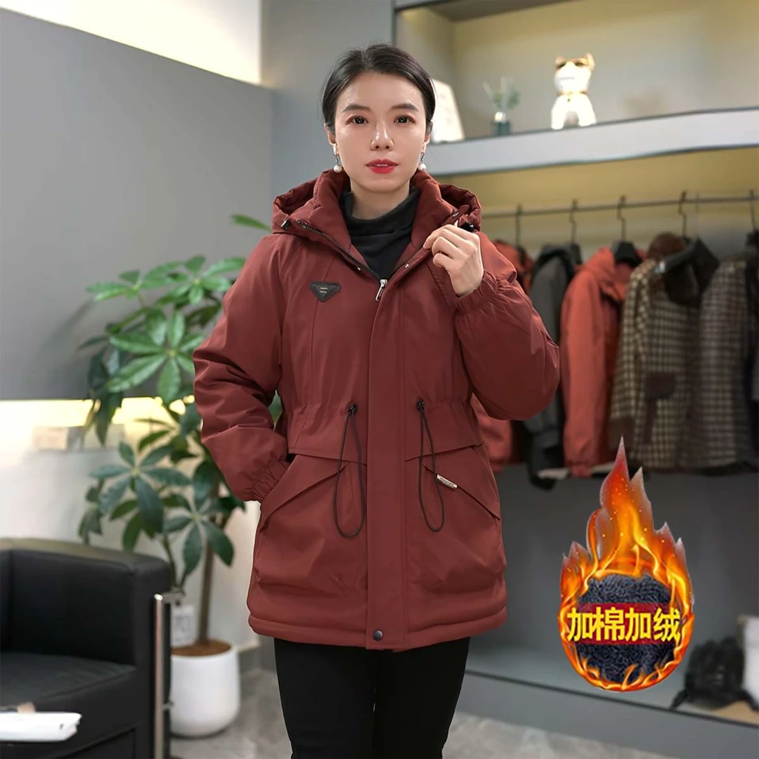 2024冬季新款女士中长款加绒加厚派克服休闲防风连帽棉服百搭减龄