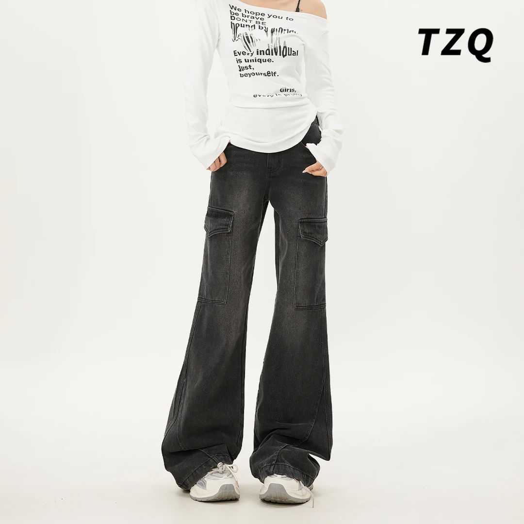 美式辣妹微喇牛仔裤女设计口袋宽松显瘦直筒工装长裤子TZQ101529