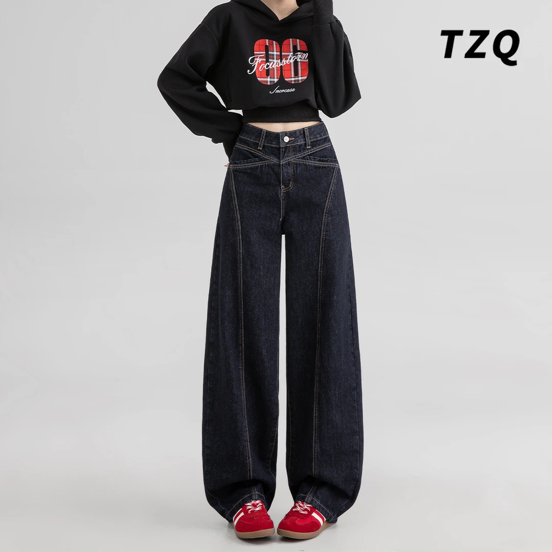 春秋新款牛仔裤女深蓝宽松拼接直筒时尚百搭弯刀裤长裤TZQ113038