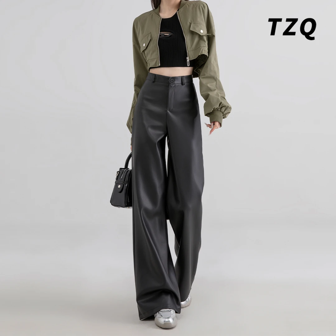 黑色皮裤女2025夏季新款高腰垂感直筒裤高级感宽松阔腿裤TZQ82947