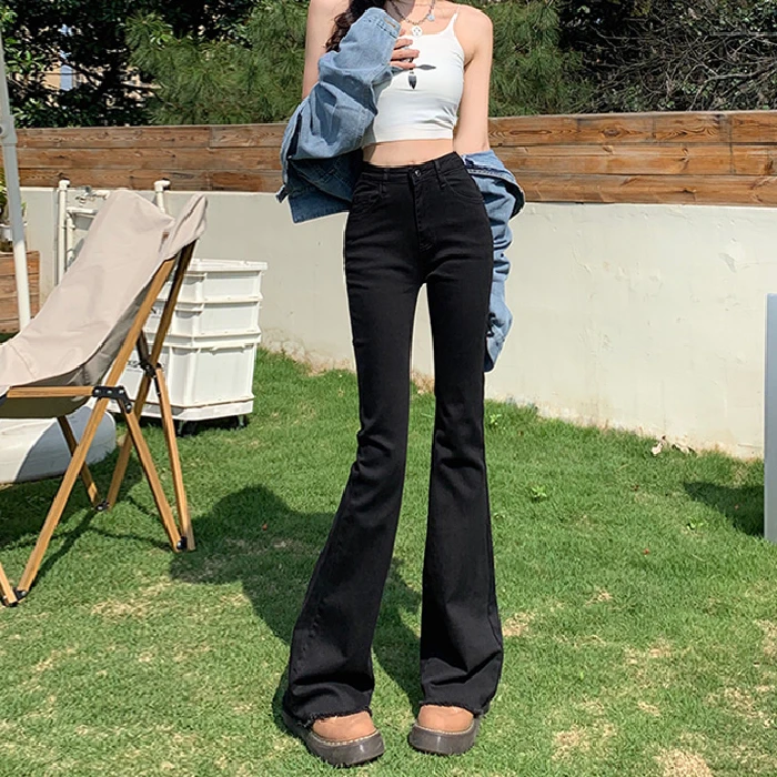 黑色微喇牛仔裤女2024年爆款新款高腰复古小个子毛边马蹄喇叭裤子