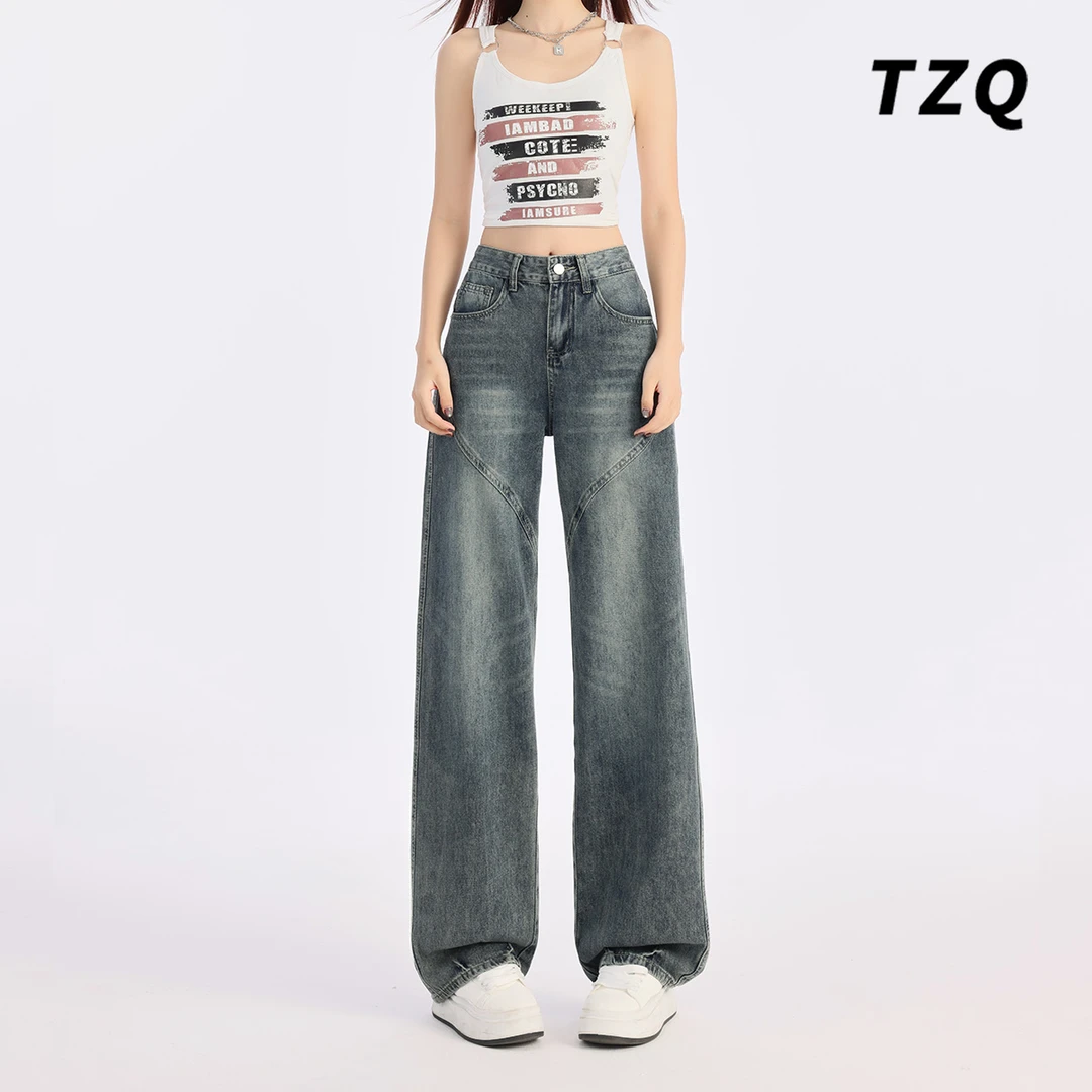 复古百搭牛仔裤女夏季美式做旧直筒裤宽松时髦潮流裤子TZQ101009
