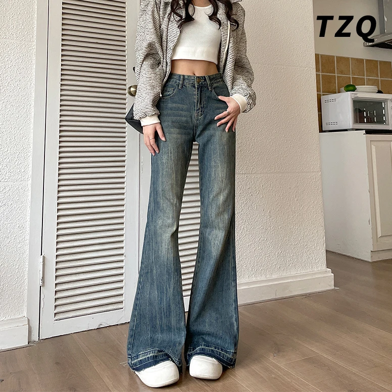 不贴腿微喇牛仔裤女爆款2025新款毛边阔腿拖地马蹄裤子TZQ111014