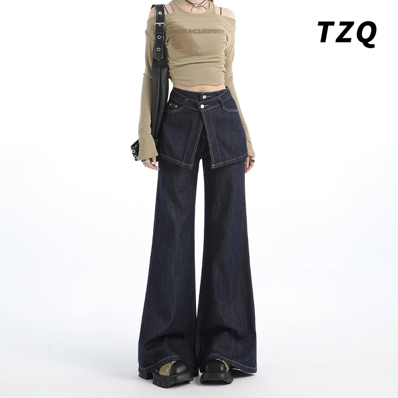 深蓝色假两件微喇牛仔裙裤女秋季2025新款时尚高腰喇叭裤TZQ92955