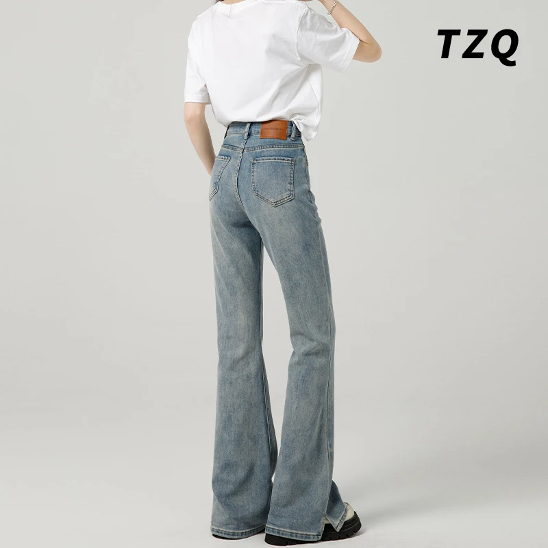 浅色微喇牛仔裤女爆款2025新款修身高腰显瘦开叉马蹄弹力喇叭裤子