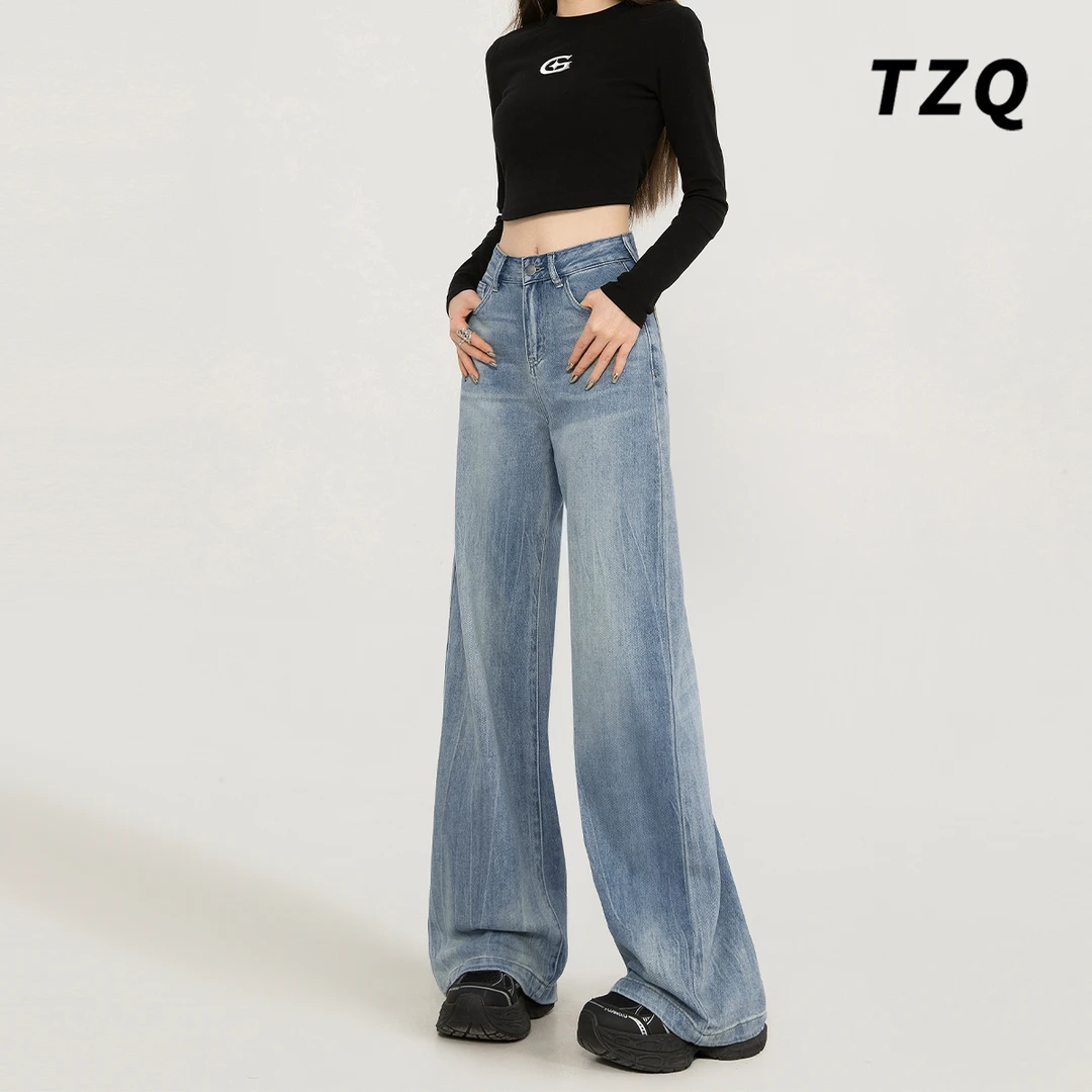 水洗复古蓝直筒牛仔裤女高腰宽松阔腿裤显瘦百搭拖地裤子TZQ90472