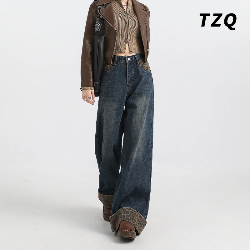 美式豹纹卷边牛仔裤女夏季宽松显瘦高腰直筒阔腿拖地裤TZQ120610
