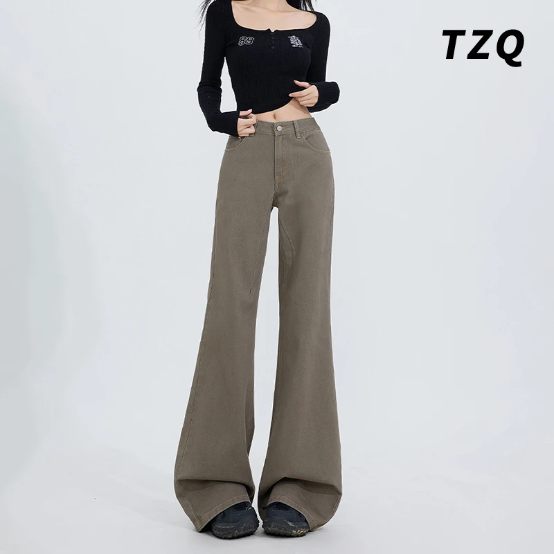 咖绿色微喇牛仔裤女款2025爆款秋季宽松显瘦垂感拖地喇叭阔腿裤子