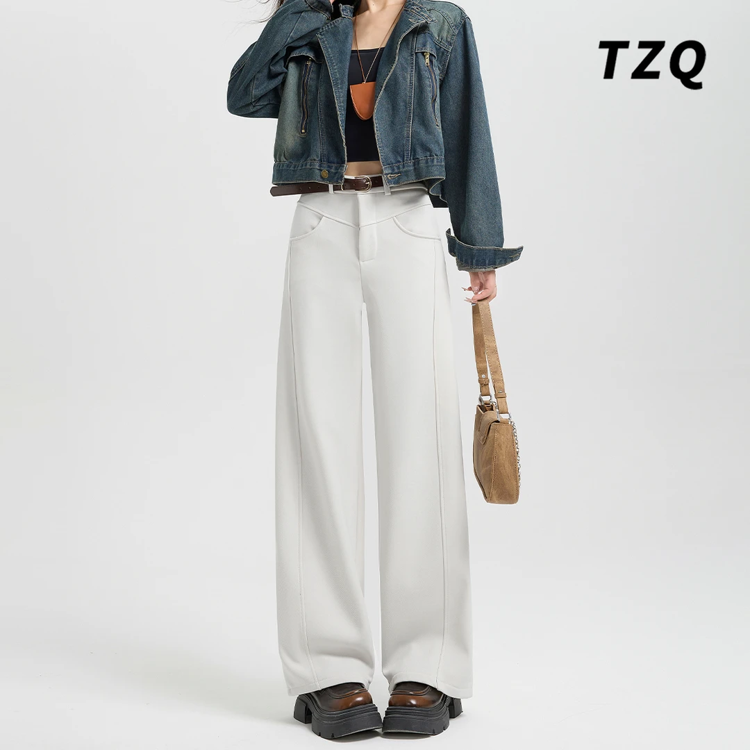 新款斜纹棉简约加绒休闲裤女秋冬高腰直筒百搭阔腿裤  TZQ102447