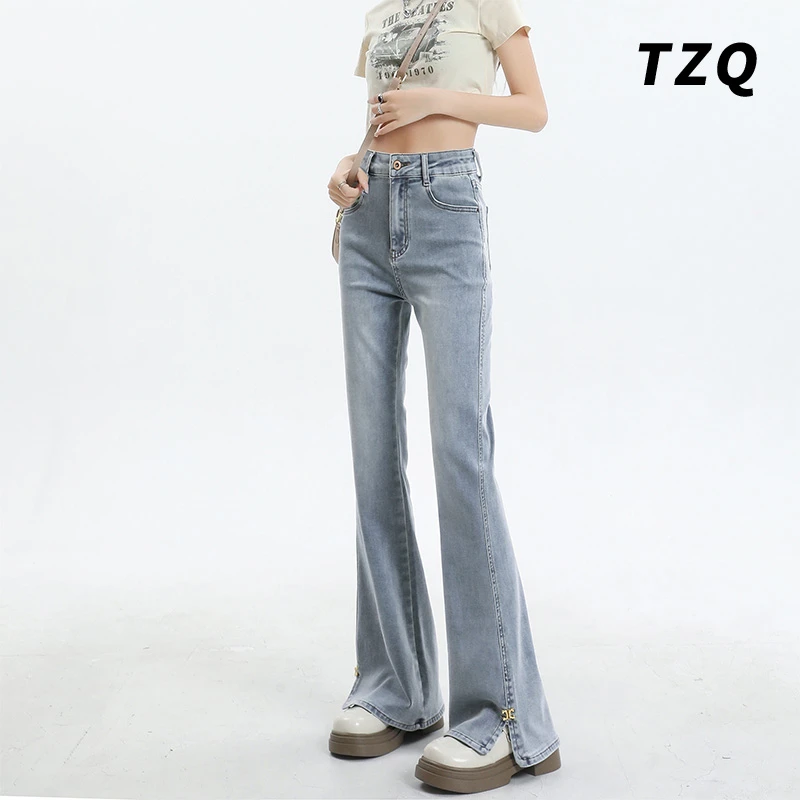 浅色微喇牛仔裤女爆款2025新款小个子显瘦高腰开叉马蹄喇叭裤秋季