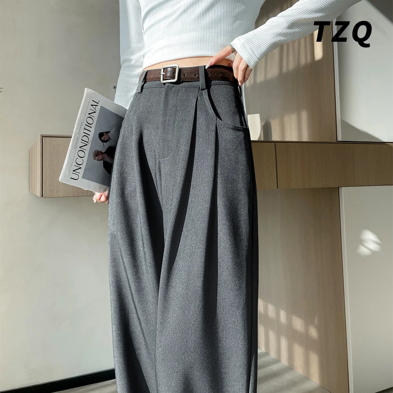 高级感灰色直筒休闲西装裤女秋季加绒新款高腰显瘦阔腿裤TZQ91912