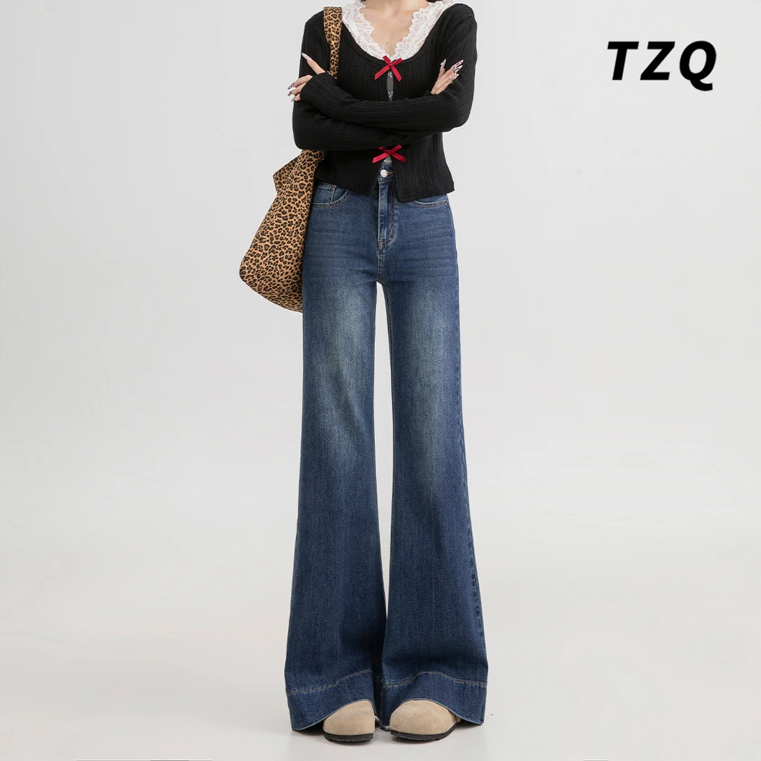 复古蓝牛仔裤女新款2025加绒秋季新款高腰宽松百搭显瘦拖地长裤子