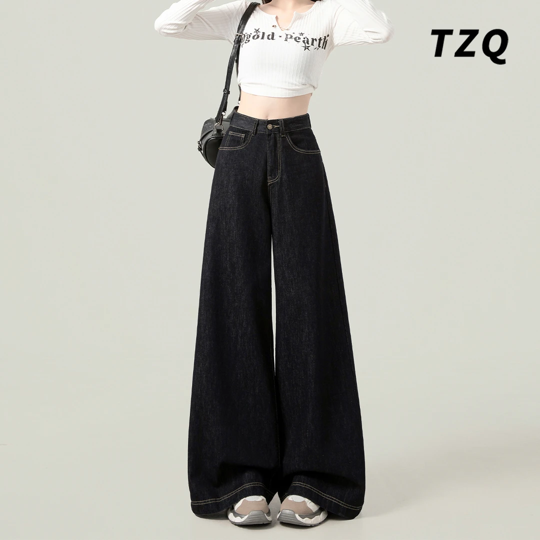 黑色阔腿牛仔裤女爆款2025秋季新款显瘦高腰百搭宽松拖地直筒裤子